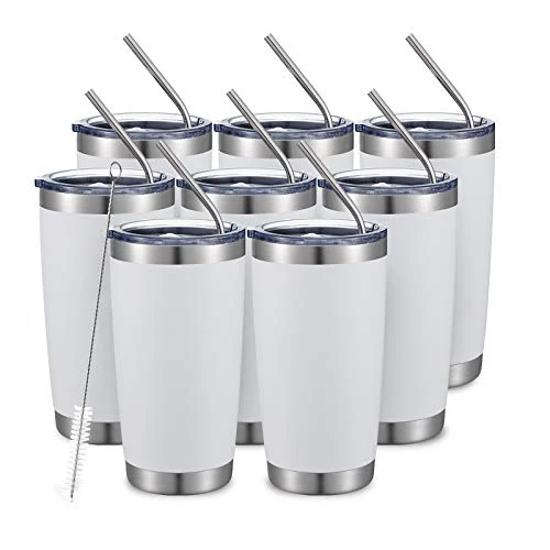 Natural 20oz 8Pack White Tumbler Double Wall Vacuum Insulated Coffee Travel Mug Stainless Steel Tumbler Bulk with Lid and Straw Powder Coated Insulated Coffee Cup for Cold Hot Drinks 8 Count Fashionable