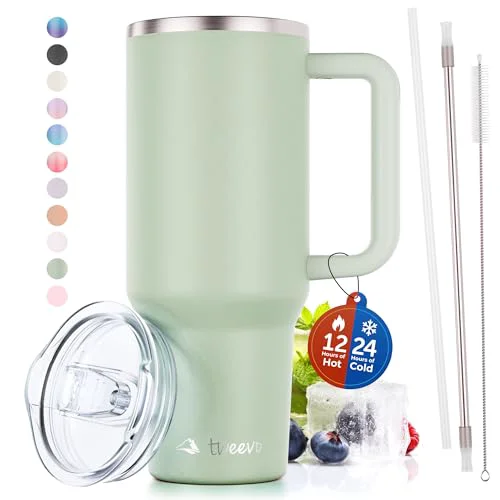Green 40 oz Tumbler With Handle and Straw Made of Stainless Steel Practical