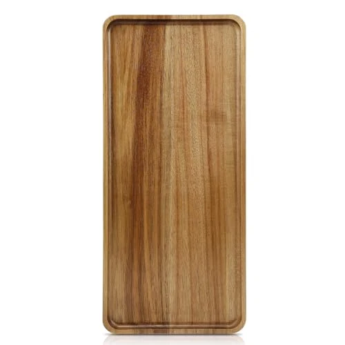 Genuine 15.7 x 7 Large Solid Acacia Wood Serving Tray Rectangular Wooden Serving Platter Natural Wooden Board for Bar Coffee Party Top-Quality