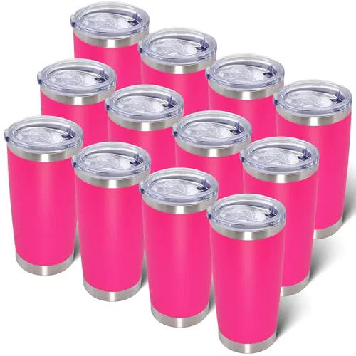 Long-Lasting 20oz Tumbler with Lid Stainless Steel Tumblers Insulated Mug Hot Pink 12P 12 Count Reusable