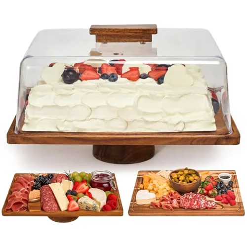 Fashionable 2-in-1 Acacia Wood Cake Stand with Acrylic Dome Cover Elite