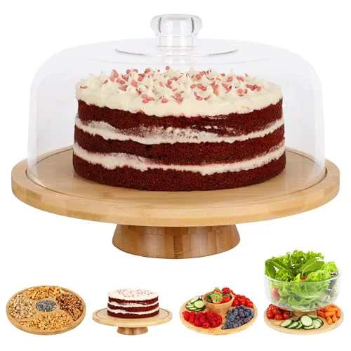 Practical 6 in 1 Large Bamboo Wood Cake Stand with Lid High-Quality