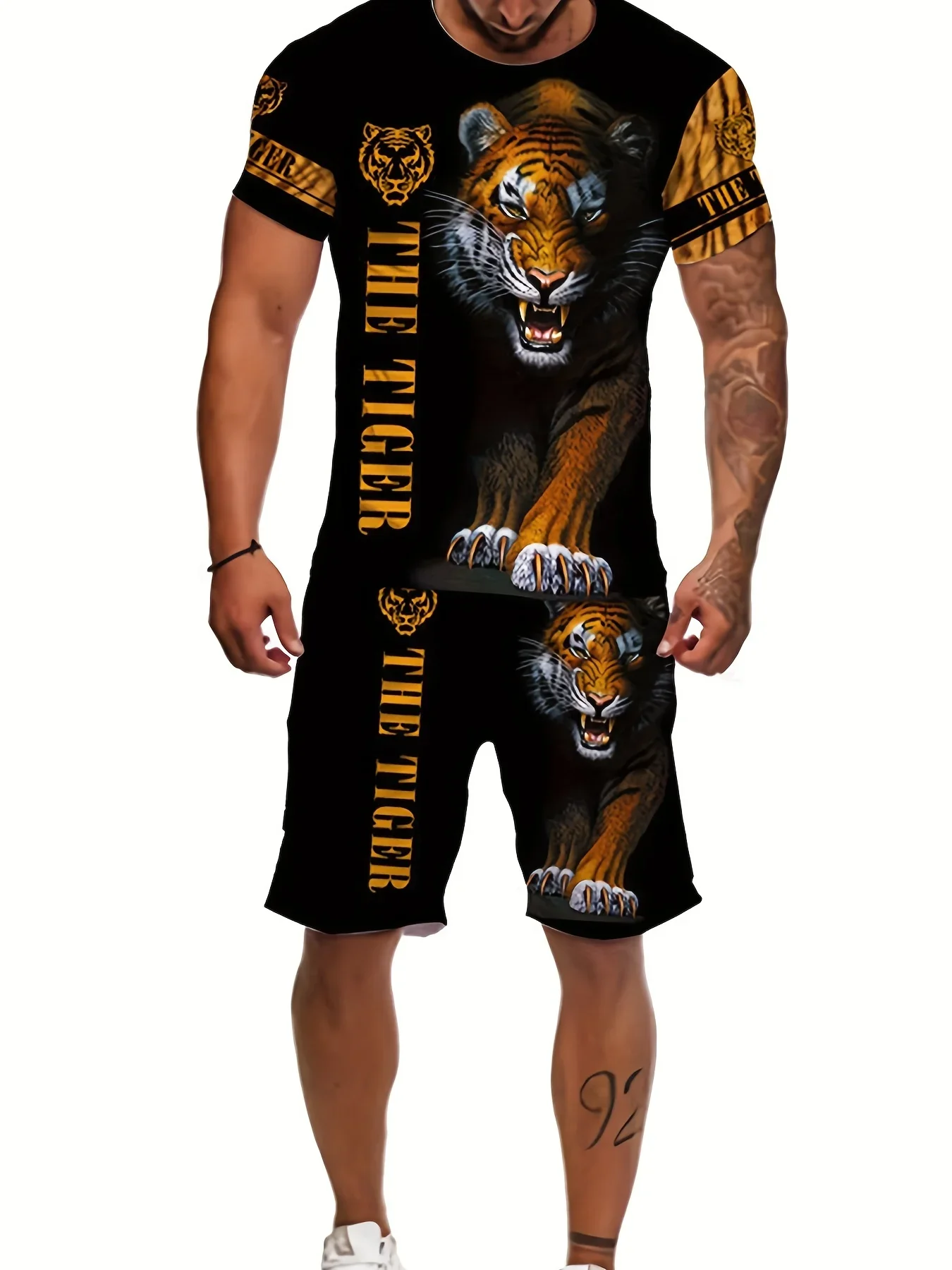 Flexible Men's Tiger Print Round Neck T-Shirt and Drawstring Shorts Set Proven