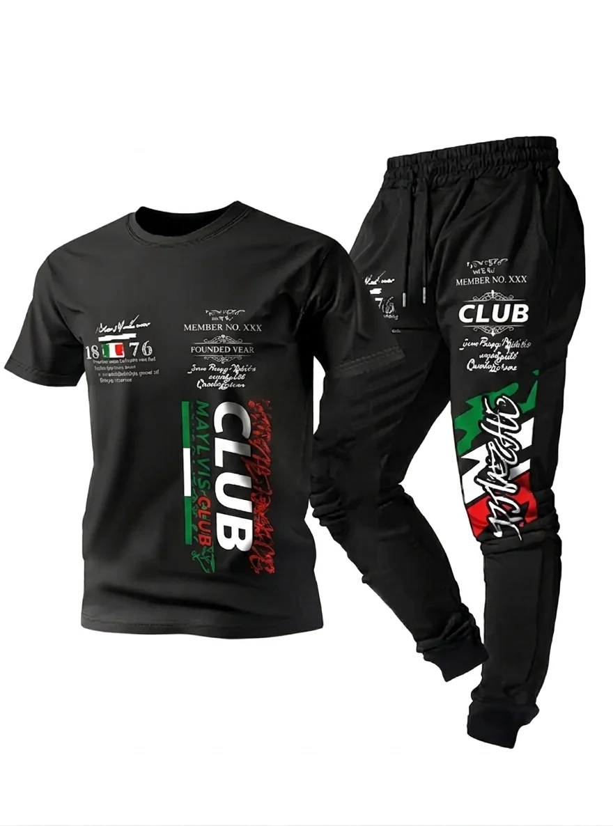 Official Men's Casual Letter Print Round Neck T-Shirt and Pants Set Professional