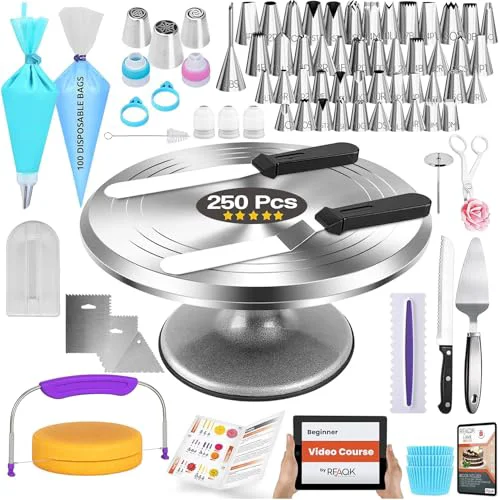 Specialty 250 PCs Aluminum Cake Decorating Tools Kit with 12 Metal Turntable Knife set Classic