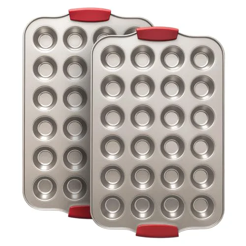 Consistent 24 Cup Mini Cupcake Pan with Silicone Handles 2 Count Smooth