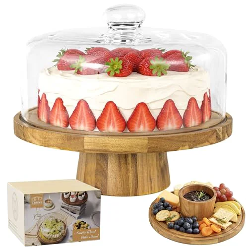 Crafted 12 Inch Acacia Wood Cake Stand with Glass Lid Comfortable