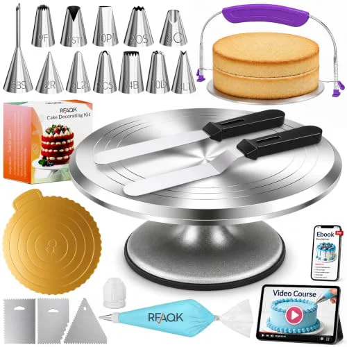 Trusted 50PCs Cake Decorating Supplies Kit with 12 Aluminum Rotating Cake Turntable Stand Natural