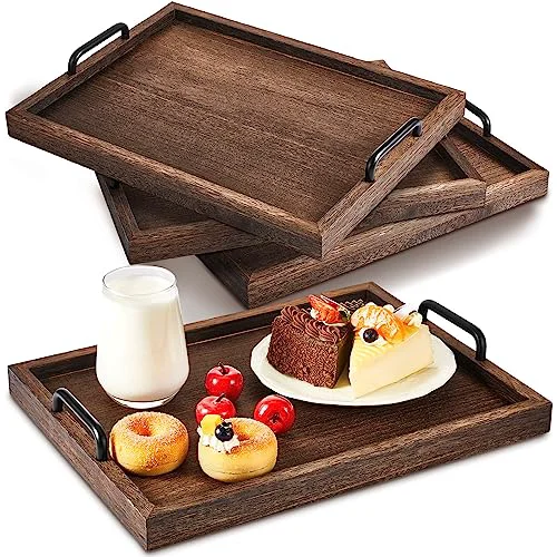 Organic 4 Pcs Large Wooden Serving Tray Decorative 15.8 x 11.8 x 1.2 in Ottomantray Rustic with Handle Coffee Table Wood Tray Kitchen Platter for Christmas Thanksgiving Party Gift Breakfast Wedding 4 Count Easy-to-Use