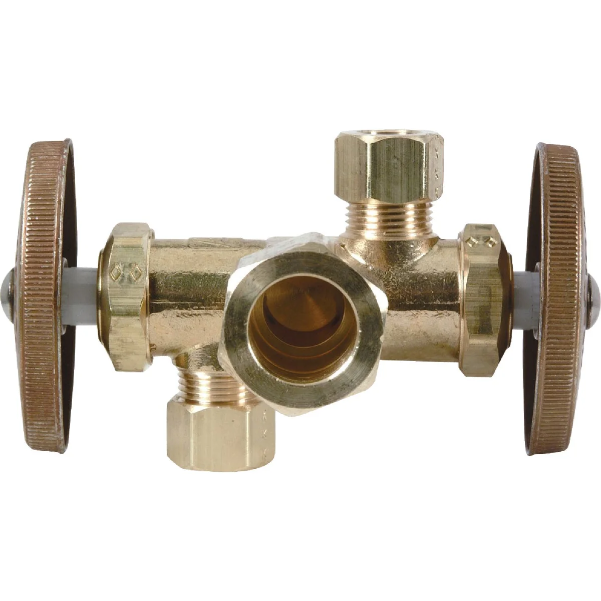 Authentic BrassCraft 5 8 In. C X 3 8 In. OD X 3 8 In. OD Rough Brass Dual Outlet Valve Green