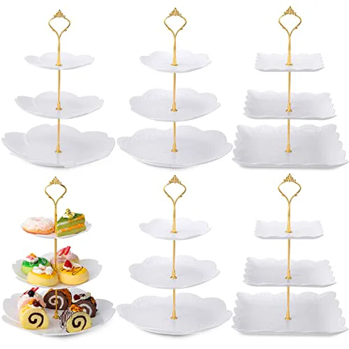 First-Class 6 Pack 3 Tiered Serving Tray White Plastic Dessert Tower Premium