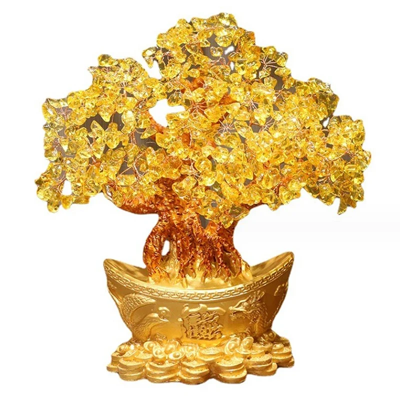 Classic Chinese Gold Ingot Crystal Fortune Money Tree Figurine and Tabletop Ornament Trendy