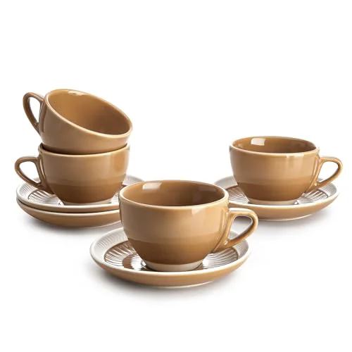 Natural 6 Ounce Cappuccino Cups with Saucers 4 Count Refined