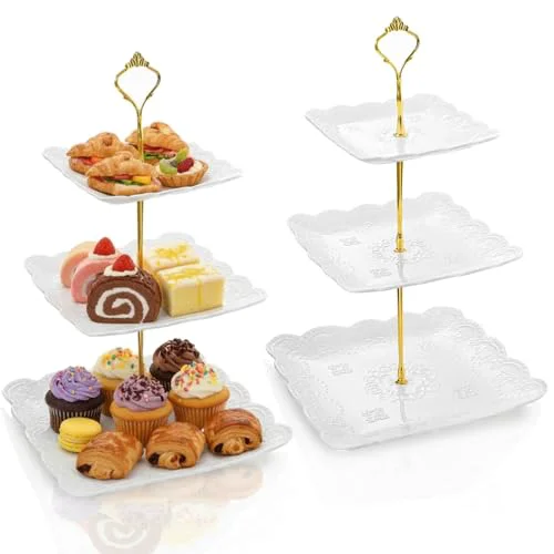 Expertly Made 2 Pack 3 Tier White Ceramic Embossed Dessert Cake Tower Stand with Gold Carry Handle 2 Count Crafted