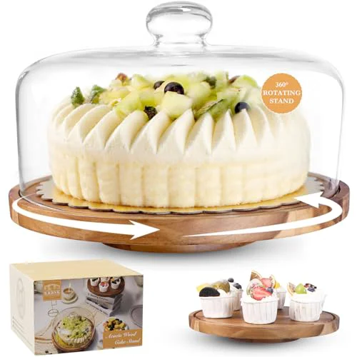 Consistent 12 Rotating Acacia Wood Cake Stand with Glass Lid User-Friendly