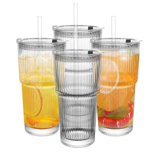Contemporary 20oz Ribbed Drinking Glasses with Lids and Glass Straws Original Design