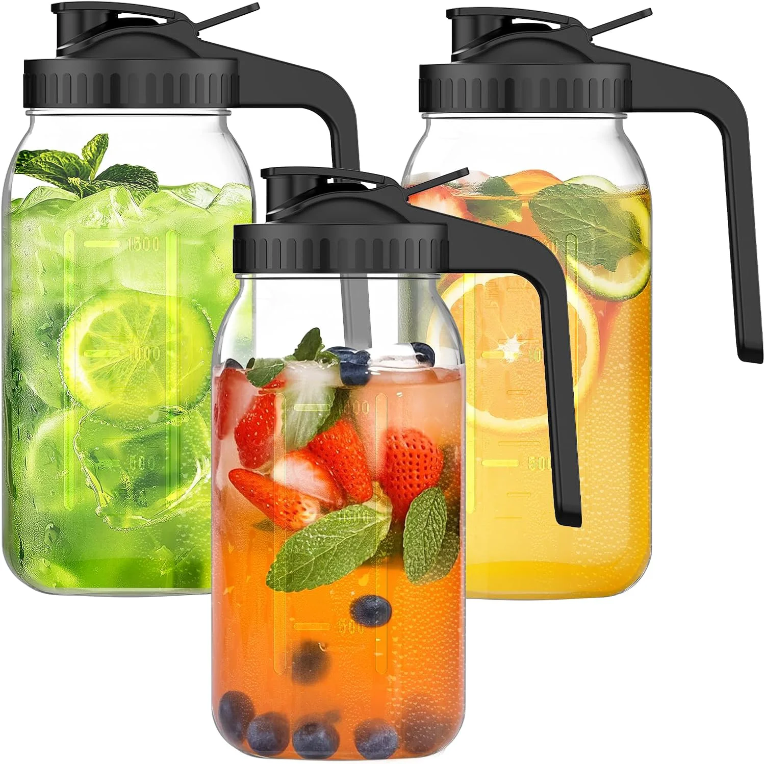 Fine 3-Pack 64oz Glass Mason Jar Pitchers with Leak-Proof Lids and Handles – Wide Mouth Design for Sun Tea Cold Brew Lemonade Juice Iced Tea and Water Refined