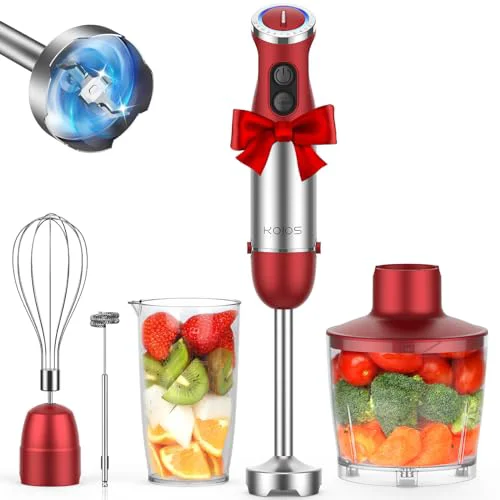 Classic 5-in-1 Hand Immersion Blender 1000W 12 Speed Handheld Blender Stick with Copper Motor Stainless Steel Blade 600ml Mixing Beaker 500ml Food Processor Whisk Milk Frother Non-BPA Red Clean