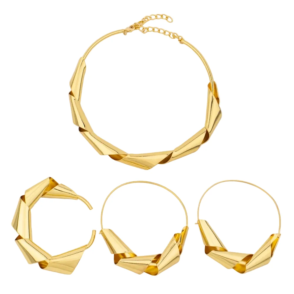 Luxury Gold Plated Dubai Jewelry Set For Women African Copper Twist Bold Design Earrings Necklace Bracelet Quality Jewelry Gift Breathable