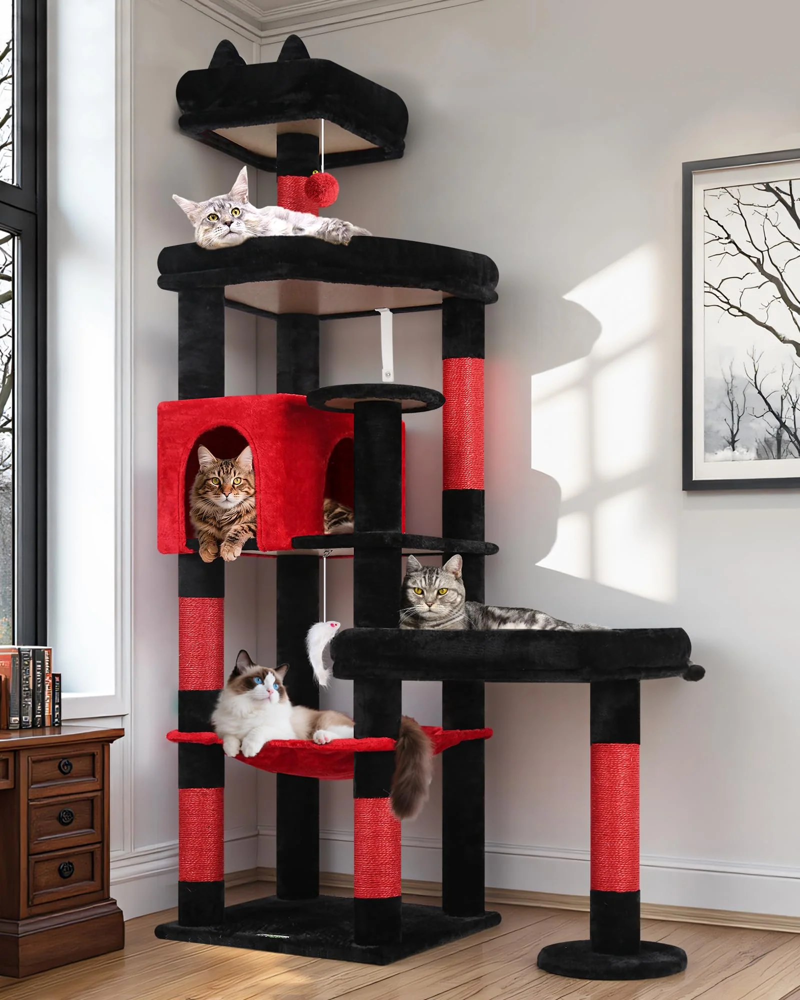 Long-Lasting Globlazer Extra Large Platform Gothic Cat Tree 65in – Red Black Multi-Cat Indoor Cat Tower Enhanced