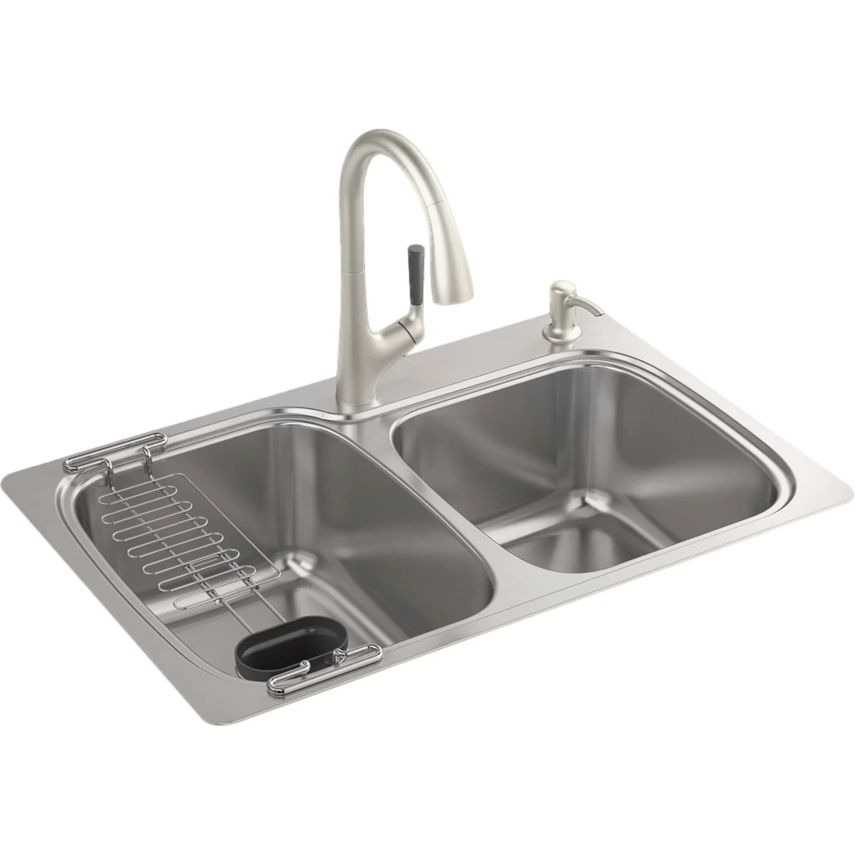 Casual Kohler All-in-One Double Bowl 33 In. x 22 In. x 9 In. Deep Stainless Steel Kitchen Sink Kit Top Under Mount Clean