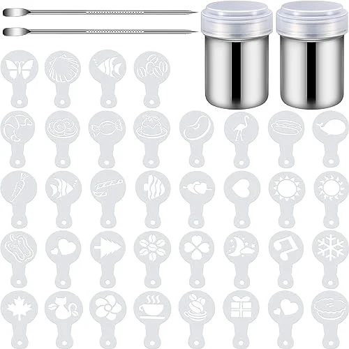 Healthy 72 Pieces Coffee Decoration Stencils Latte Art Template Coffee Mold Tool with 2 Latte Art Pen 2 Dusting Jars Mesh Powder Shaker for Cake Cookie Decorating Oatmeal Cappuccino Hot Chocolate 72 Count Certified