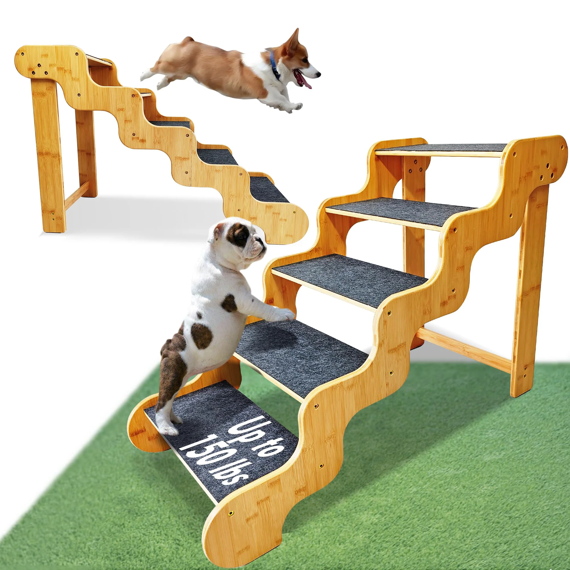 Crafted GXONE Bamboo 5-Step Dog Stairs for Bed — Supports Large Dogs up to 160 lb on 30in Beds Advanced