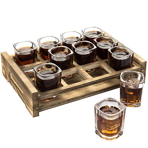 World-Class Square Shot Glasses with Burnt Wood Serving Tray First-Class