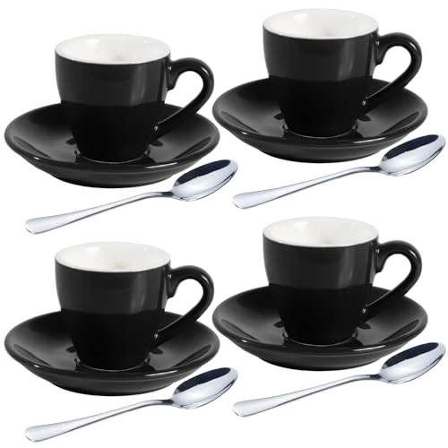 Green Porcelain Espresso Shot Cup Set with Saucers and Stainless Steel Spoons 4 Count Original