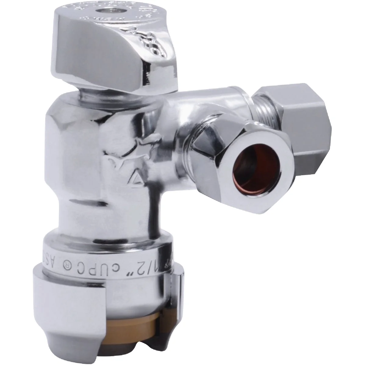 Clean SharkBite 1 2 in. Push-to-Connect x 3 8 in. OD Compression x 3 8 in. OD Compression Chrome-Plated Brass Dual Stop Quarter Turn Angle Valve Sustainable