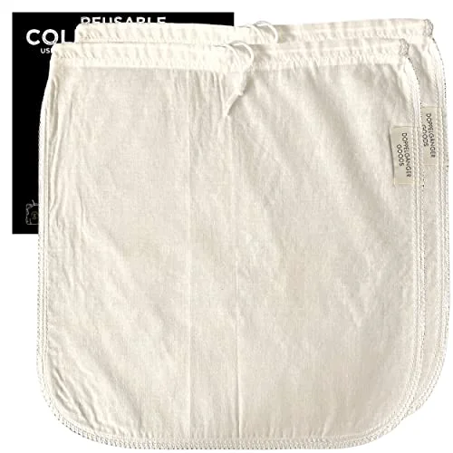 Next-Generation 2-Pack Large 12in x 12in Organic Cotton Cold Brew Coffee Bag - Designed in California - Reusable Coffee Filter with EasyOpen Drawstring Cold Brew Maker for Pitchers Mason Jars Toddy Systems 2 Count User-Friendly