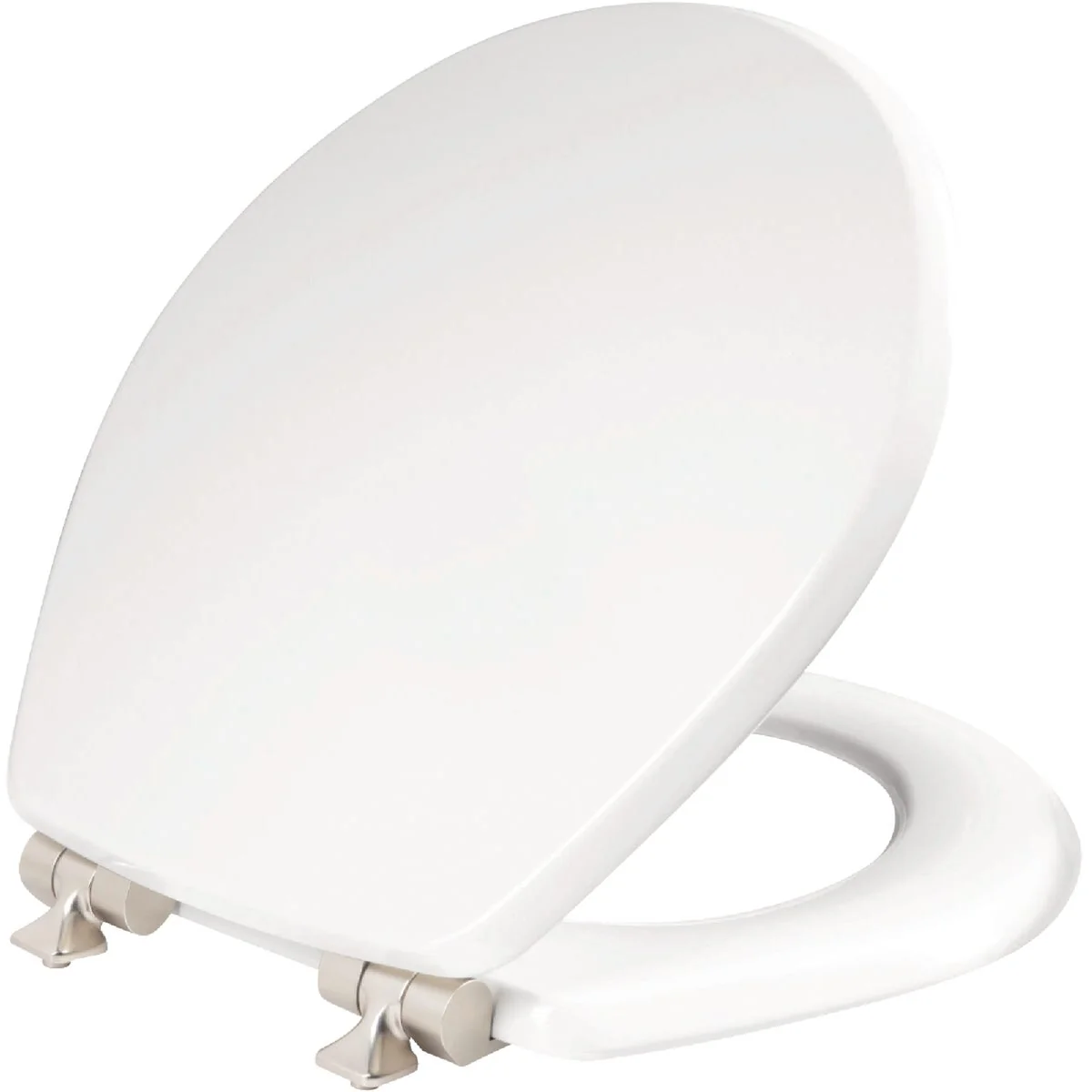 Powerful Mayfair Benton Round White Enameled Wood Toilet Seat with Slow Close Brushed Nickel Metal Hinge High-End
