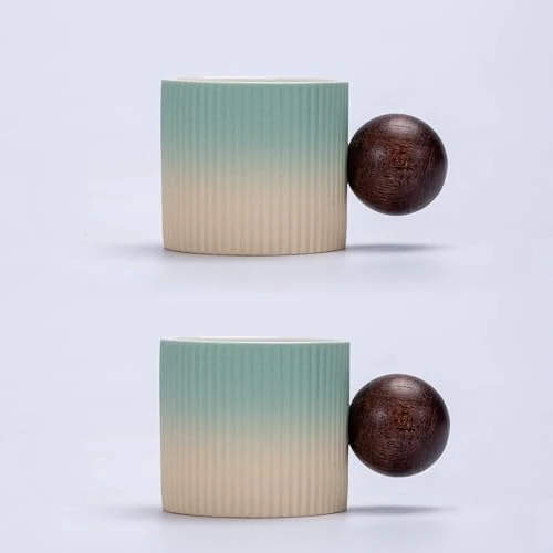 Sophisticated Ceramic Mini Espresso Cups Demitasse Cups with Round Wooden Handle Vertical Stripes Tea Cups 2 Count Clean