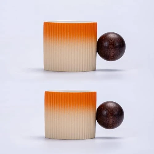 Flexible Ceramic Mini Espresso Cups Demitasse Cups with Round Wooden Handle Vertical Stripes Tea Cups 2 Count Reusable