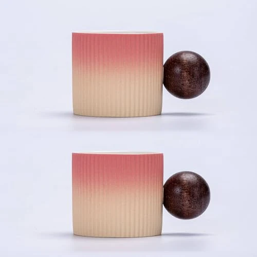 Minimalist Ceramic Mini Espresso Cups Demitasse Cups with Round Wooden Handle Vertical Stripes Tea Cups 2 Count Fine