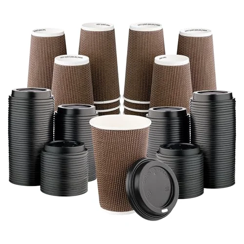 Smooth 16 oz Disposable Paper Coffee Cups with Lids Insulated Double 340 Count Organic