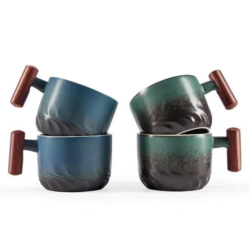 Professional 6oz Ceramic Espresso Cups with Wooden Handle 4 Count Smart