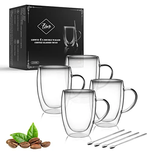 Lightweight 4 Pack Double Walled Coffee Cups Glasses Mug 12oz Borosilicate Glass 4 Count Fast