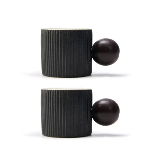 Versatile Ceramic Mini Espresso Cups Demitasse Cups with Round Wooden Handle Vertical Stripes Tea Cups 2 Count Refined