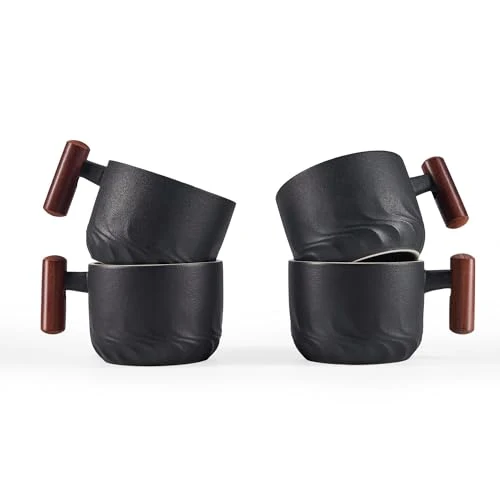 Clean 2.5oz Ceramic Espresso Cups with Wooden Handle 4 Count Practical