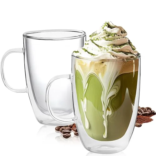 High-End Set of 2 Double Walled Glass Coffee Mugs 16 Ounces Insulated Layer Coffee Cups with Handle Borosilicate Glass Espresso Cup for Hot Beverage 2 Count Sustainable