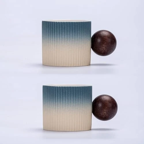Top-Quality Ceramic Mini Espresso Cups Demitasse Cups with Round Wooden Handle Vertical Stripes Tea Cups 2 Count Next-Generation