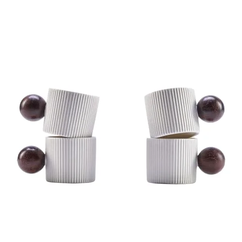 Reliable Ceramic Mini Espresso Cups Demitasse Cups with Round Wooden Handle Vertical Stripes Tea Cups 4 Count Outstanding