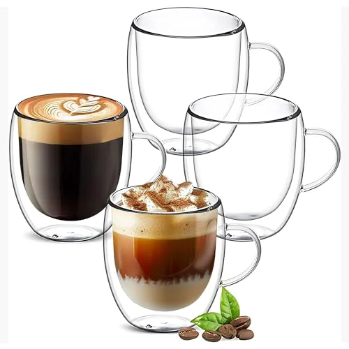 Verified Set of 4 Double Walled Glass Coffee Mugs 3 Ounces Insulated Layer Coffee Cups with Handle Borosilicate Glass Espresso Cup for Hot Beverage 4 Count Artisan