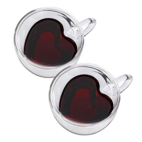 High-End Double Wall Heart Shaped Glass Coffee Mugs 8.5oz 2 Count Enhanced