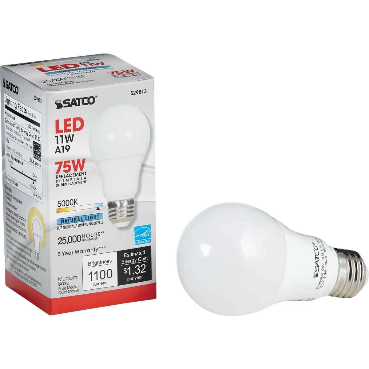 Top-Quality Satco 75W Equivalent Natural Light A19 Medium Dimmable LED Light Bulb Convenient