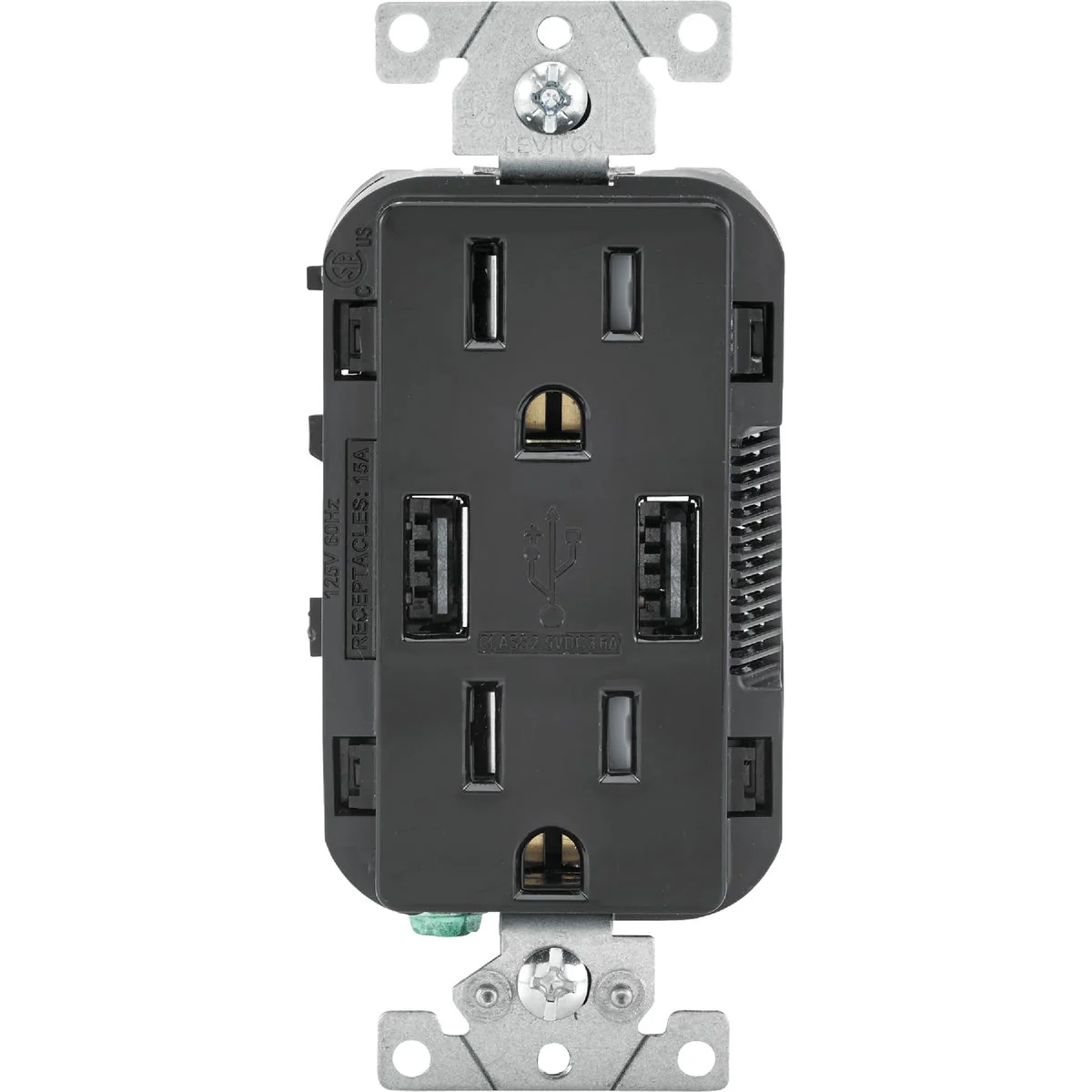 Certified Leviton Decora 3.6A 5V Black 2-Port USB Charging Outlet with 5-15R Tamper Resistant Duplex Outlet Consistent