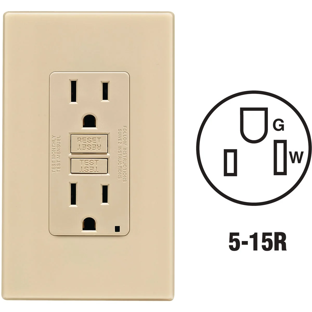 Stylish Leviton SmartlockPro Self-Test 15A Ivory Residential Grade 5-15R GFCI Outlet with Screwless Wall Plate Flexible