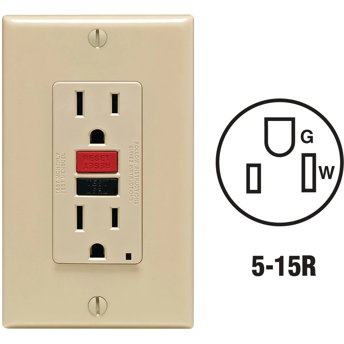Stylish Leviton SmartlockPro Self-Test 15A Ivory Residential Grade 5-15R GFCI Outlet with Wall Plate Fashionable