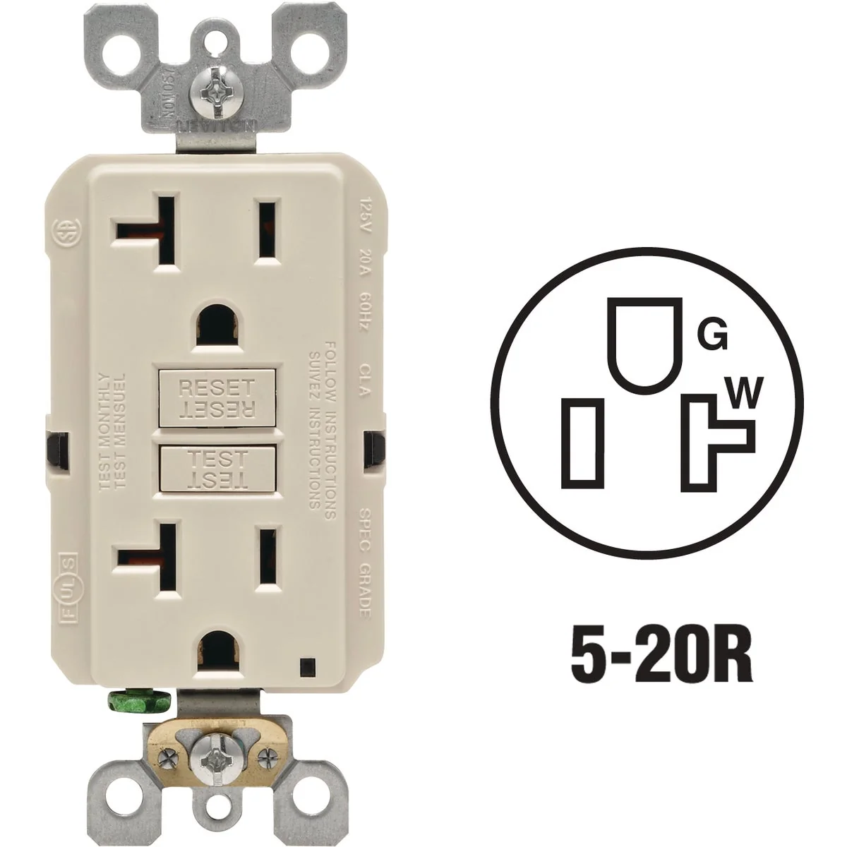 Clean Leviton SmartlockPro Self-Test 20A Light Almond Commercial Grade Rounded Corner 5-20R GFCI Outlet Exclusive